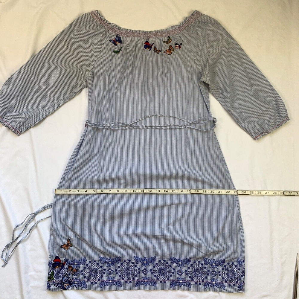 3J Workshop Johnny Was Striped Dress Embroidered S fit M Blue Milkmaid Floral - Picture 10 of 12